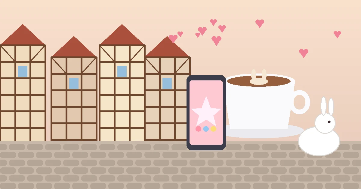 Ilustração de casas de enxaimel, uma xícara de café com coelho na espuma, um celular e um coelhinho branco