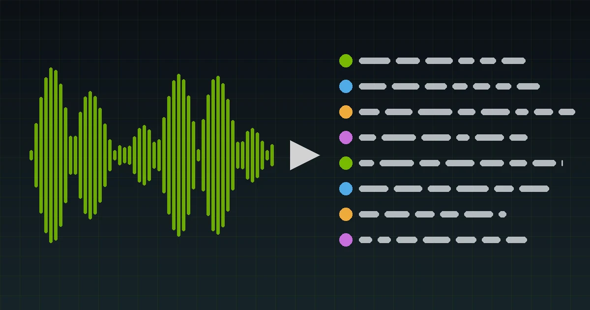 Ilustração de uma onda sonora verde se transformando em linhas de texto marcadas por cores diferentes para cada voz
