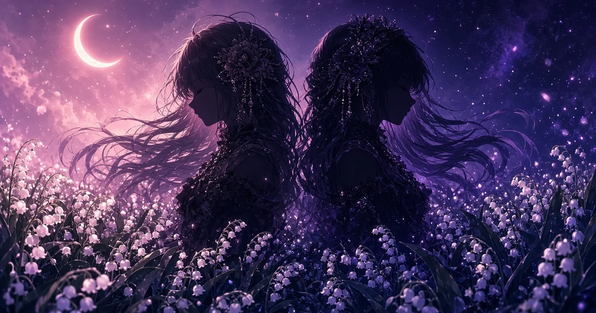 Duas silhuetas de costas num campo de lírios-do-vale sob a lua crescente, uma em luz rosa e outra em sombra violeta