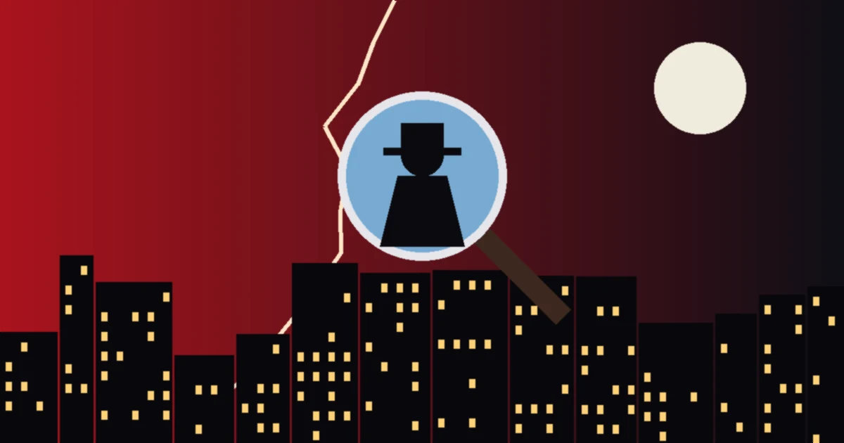 Ilustração de uma lupa revelando a silhueta de um homem de chapéu sobre uma cidade noturna dividida entre vermelho e preto