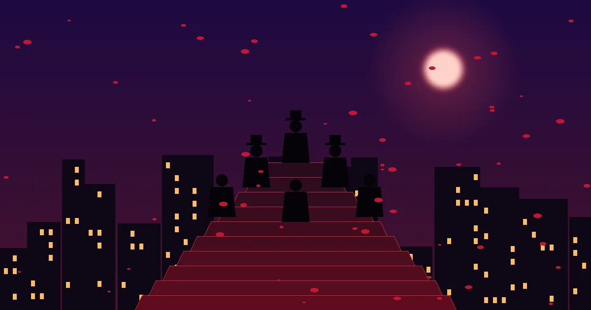 Seis silhuetas de terno descendo uma escadaria vermelha sob a lua, com prédios iluminados ao fundo