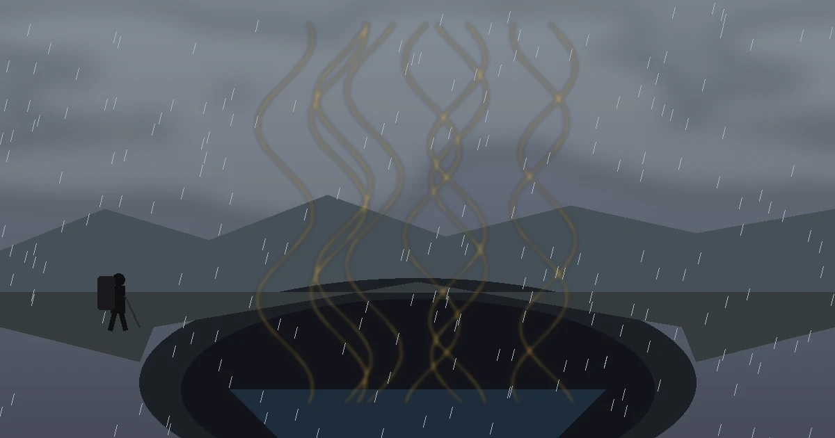 Ilustração de uma figura solitária com mochila à beira de uma grande cratera sob chuva, com fios dourados subindo do fundo