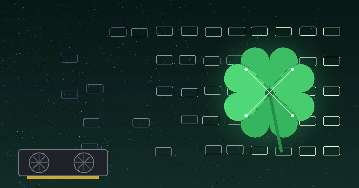 Ilustração original de um trevo de quatro folhas verde surgindo de blocos de texto que saem do ruído, com uma placa de vídeo no canto