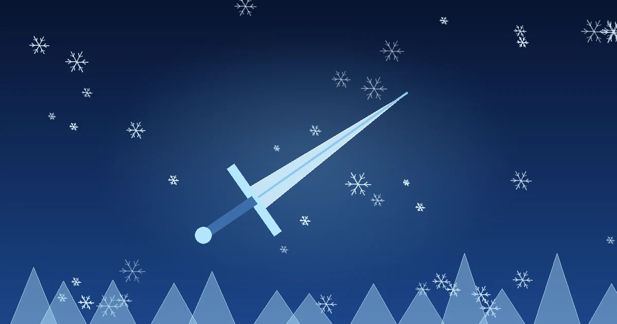 Ilustração de uma espada de gelo atravessando um céu azul-noturno cheio de flocos de neve e cristais