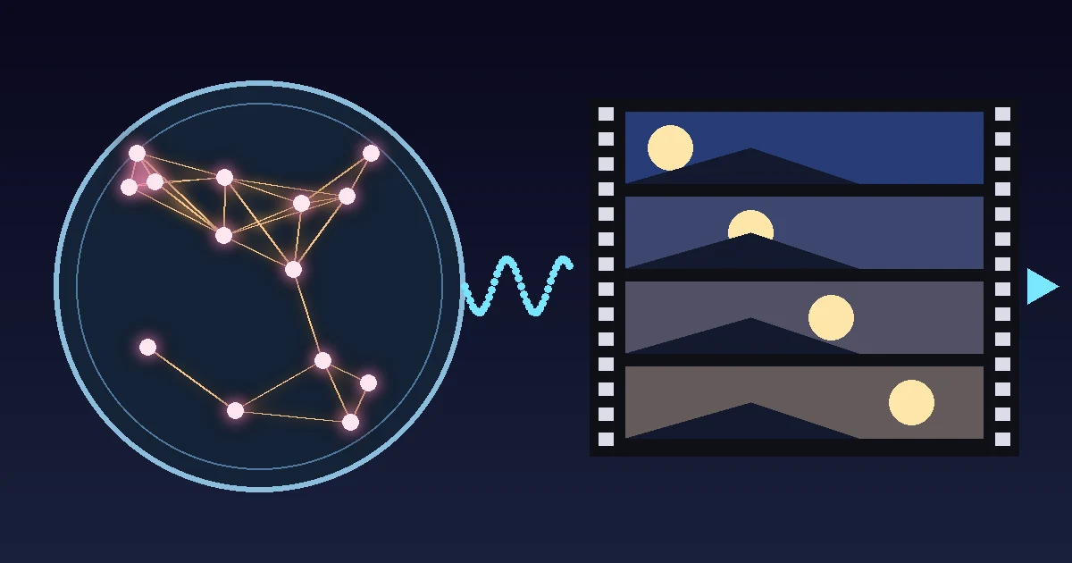 Ilustração original de neurônios brilhando numa placa de laboratório, ligados por uma onda a uma tira de quadros de vídeo