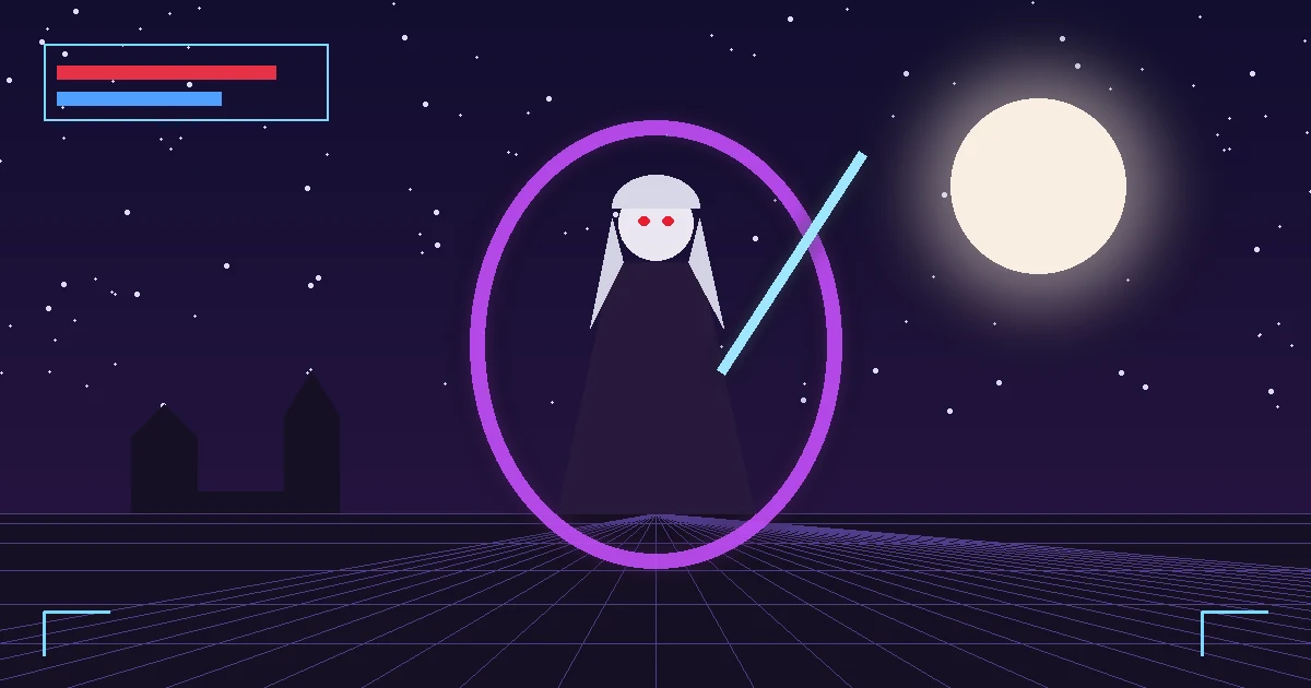 Ilustração original de uma vampira de cabelo prateado e olhos vermelhos saindo de um portal roxo sob a lua cheia, com barras de vida de jogo