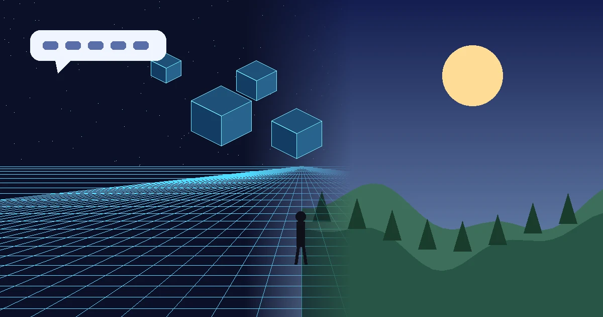 Ilustração de uma pessoa caminhando sobre uma grade digital que vai se transformando em colinas com árvores, com cubos flutuando e um balão de diálogo no céu