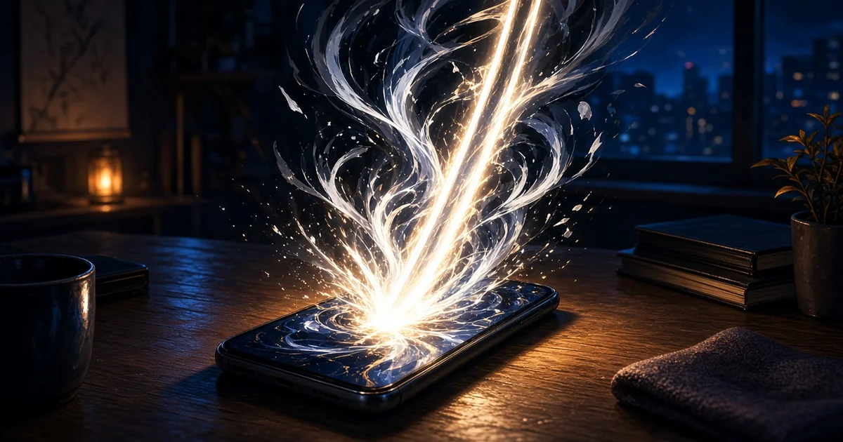 Celular sobre uma mesa à noite com uma lâmina de luz e energia espiritual saindo da tela