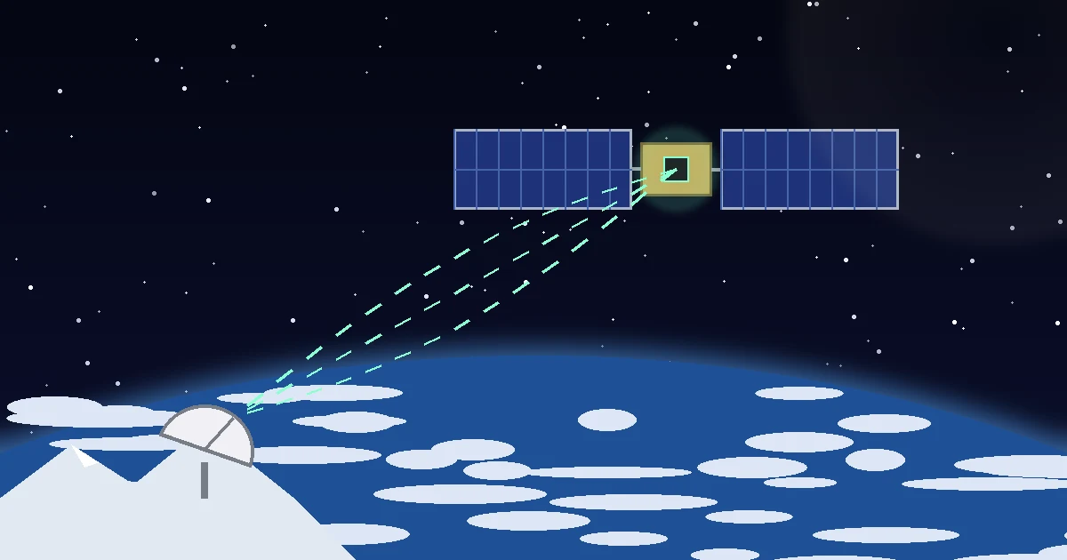 Ilustração original de um pequeno satélite sobre a curvatura da Terra enviando sinais para uma antena em montanhas nevadas