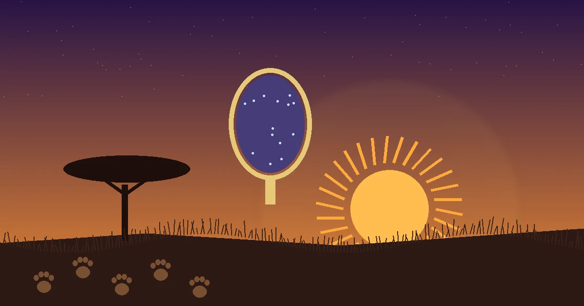 Ilustração de uma savana ao entardecer com um espelho mágico flutuando, um sol dourado e pegadas de leão no chão