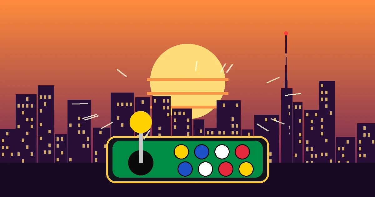 Ilustração de um controle arcade verde e amarelo diante do horizonte de prédios de São Paulo ao pôr do sol