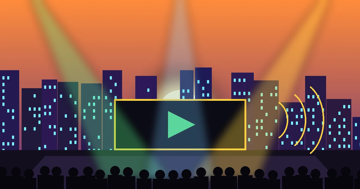 Ilustração original de um palco ao entardecer diante de uma cidade futurista, com telão, holofotes e plateia