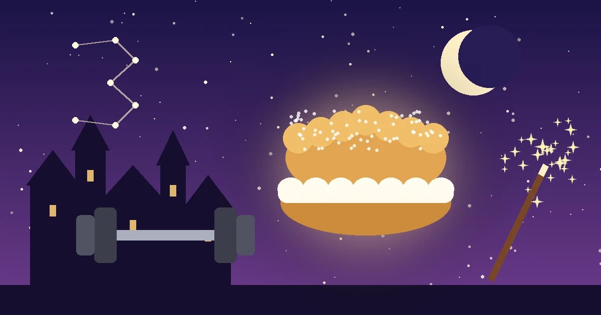 Ilustração de uma bomba de creme brilhando no céu noturno, com um haltere, uma varinha mágica e um castelo ao fundo