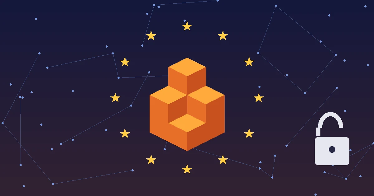 Ilustração original de blocos laranja empilhados dentro de um círculo de estrelas, com um cadeado aberto ao lado
