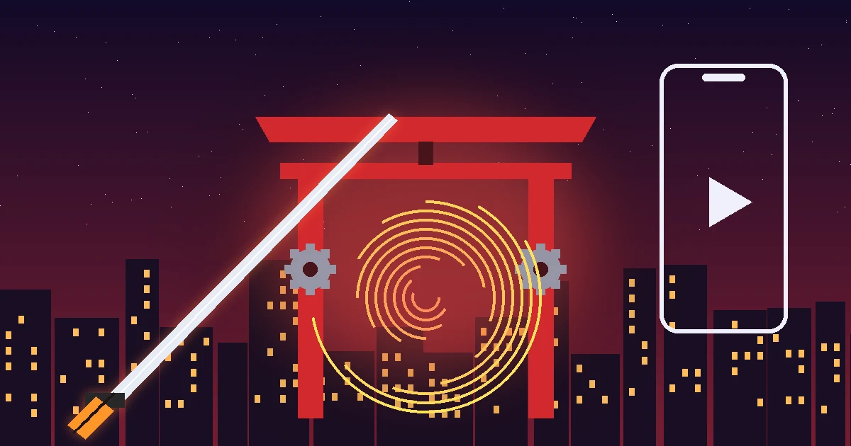 Ilustração de um portal vermelho com engrenagens sobre uma cidade à noite, uma katana brilhante e a moldura de um celular na vertical