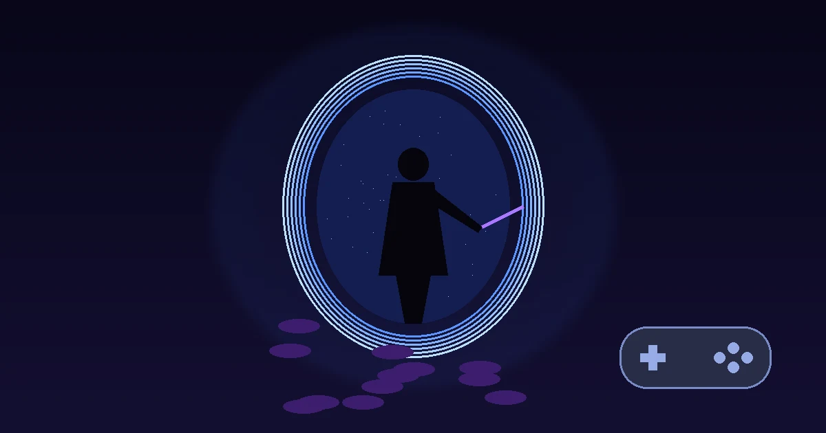 Ilustração de uma silhueta com espada roxa diante de um portal azul brilhante, com sombras no chão e um controle de videogame