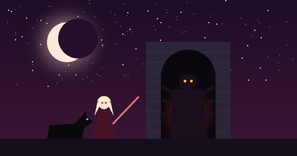 Ilustração original de uma jovem vampira de cabelo claro com uma lâmina rosa, ao lado de um lobo negro, diante do portão de uma masmorra sob a lua minguante