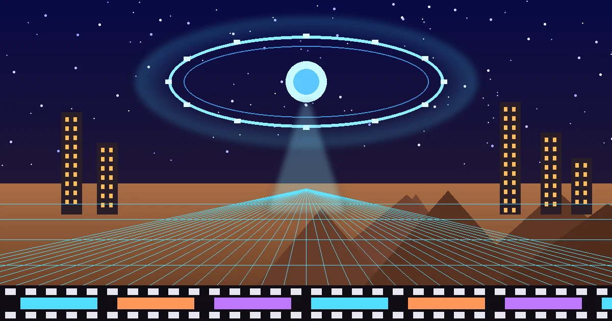 Ilustração original de um anel orbital brilhante sobre um deserto com grade de neon e uma faixa de filme