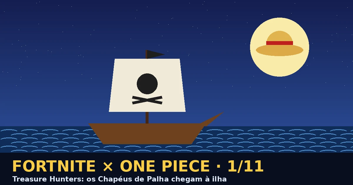 Ilustração de um navio pirata sob a lua cheia com um chapéu de palha desenhado sobre ela