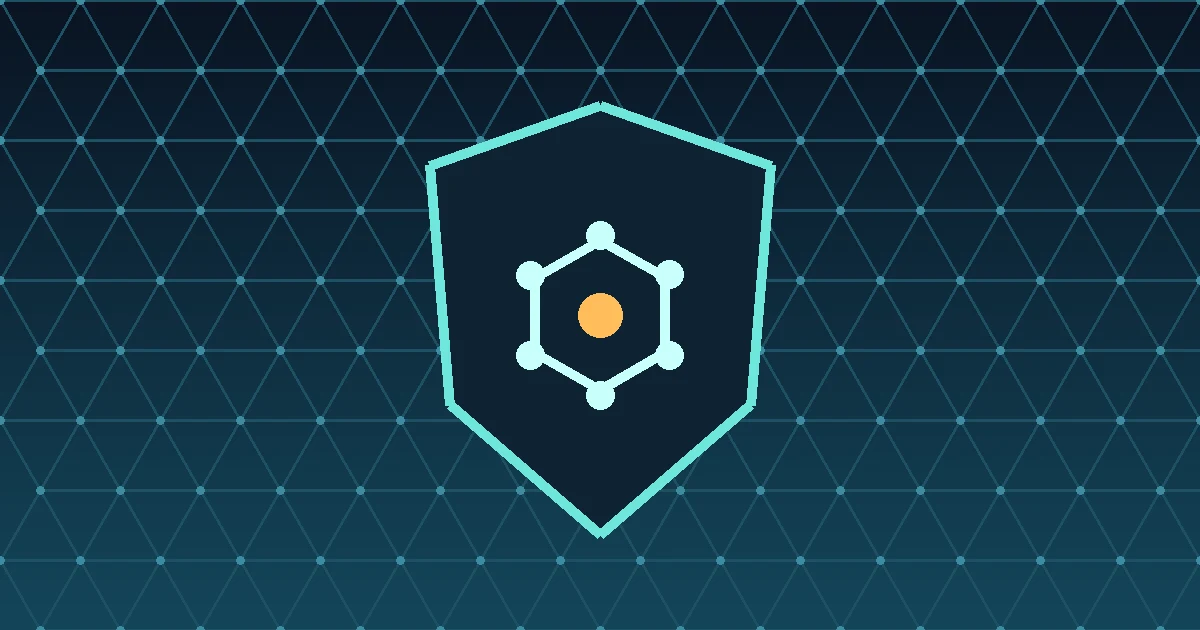 Ilustração de um escudo com um hexágono de circuitos brilhando sobre uma malha digital azul