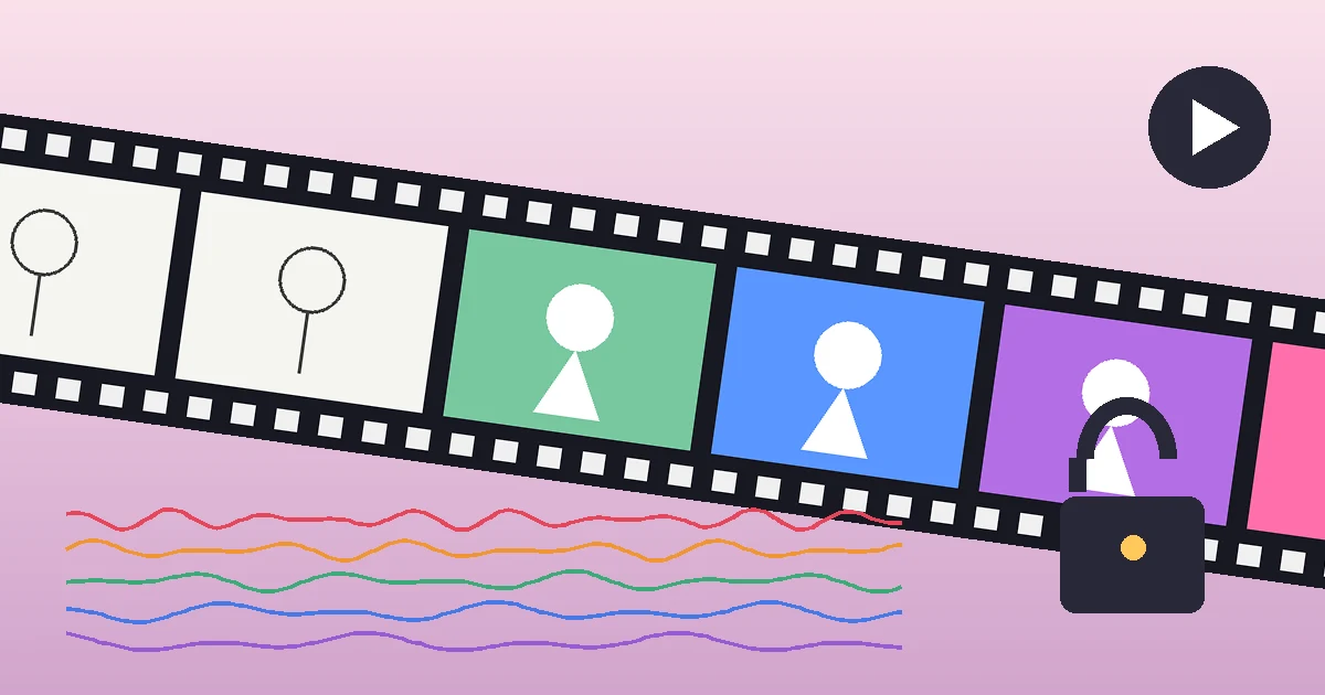 Ilustração original de uma fita de filme em que esboços viram quadros coloridos, com ondas de áudio em cinco cores e um cadeado aberto