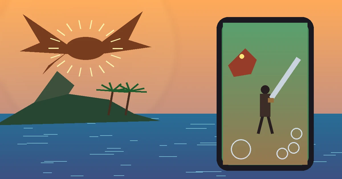 Ilustração original de um dragão radiante diante do sol sobre uma ilha tropical e um celular mostrando um caçador com espada