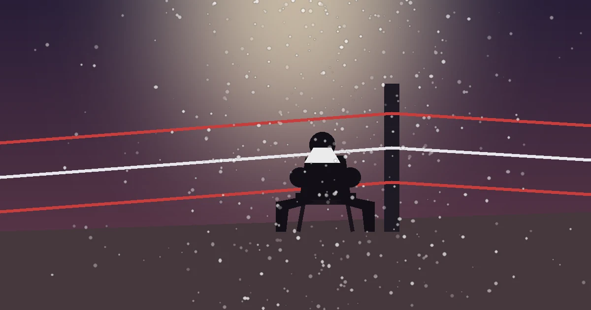 Ilustração de um boxeador sentado no banquinho do canto do ringue, de cabeça baixa, sob uma luz forte e uma chuva de cinzas brancas