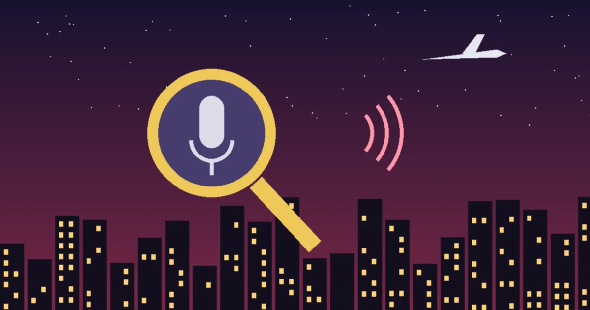 Ilustração de uma lupa com um microfone dentro, sobre uma cidade à noite com um avião cruzando o céu