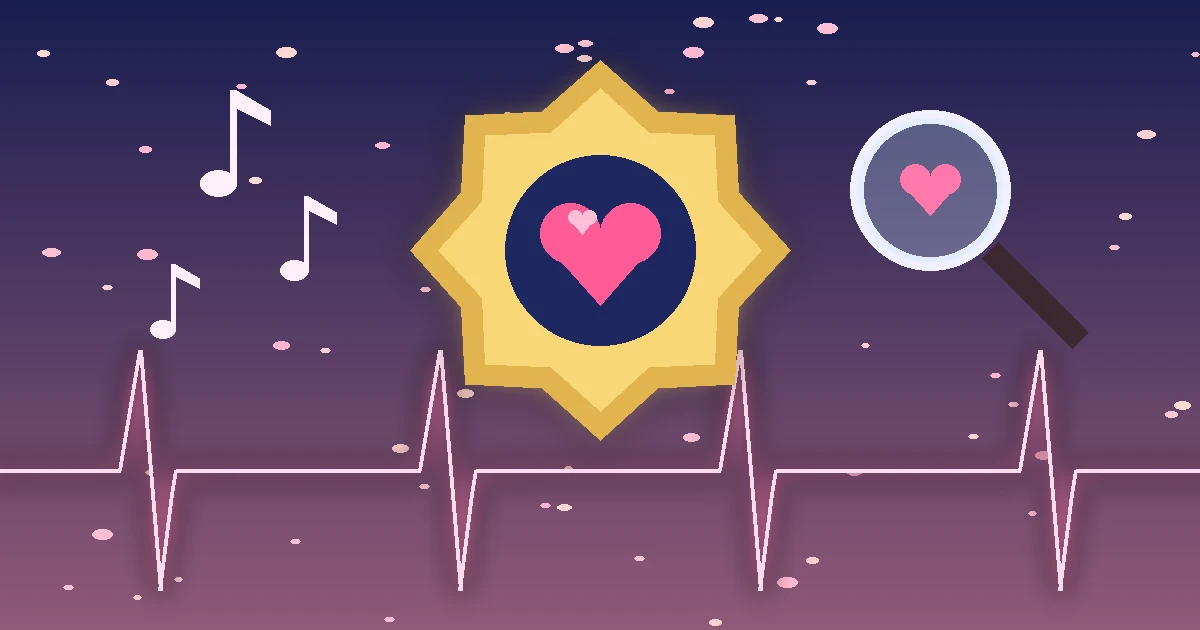 Ilustração original de um distintivo dourado com coração, uma lupa, notas musicais e uma linha de batimentos cardíacos