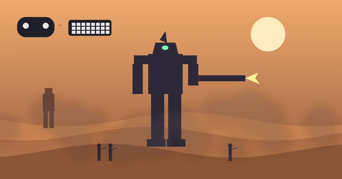 Ilustração de um robô gigante disparando no deserto ao entardecer, com soldados a pé e ícones de controle e teclado