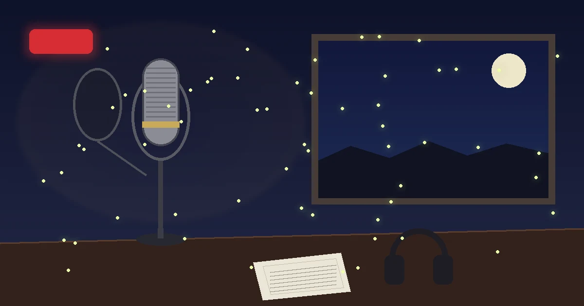 Ilustração original de um estúdio de dublagem à noite, com microfone, roteiro, fones de ouvido e vaga-lumes brilhando pela sala