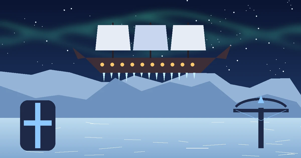 Ilustração original de um grande navio voador sobre um mar congelado sob a aurora, com um escudo e uma besta